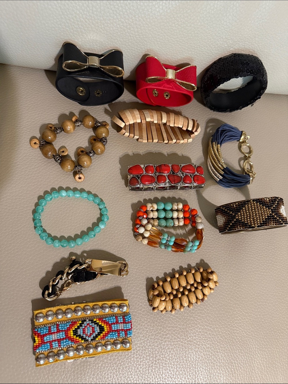 Set of 13 bracelets beaded sequin wood gold silver leather stone red green black